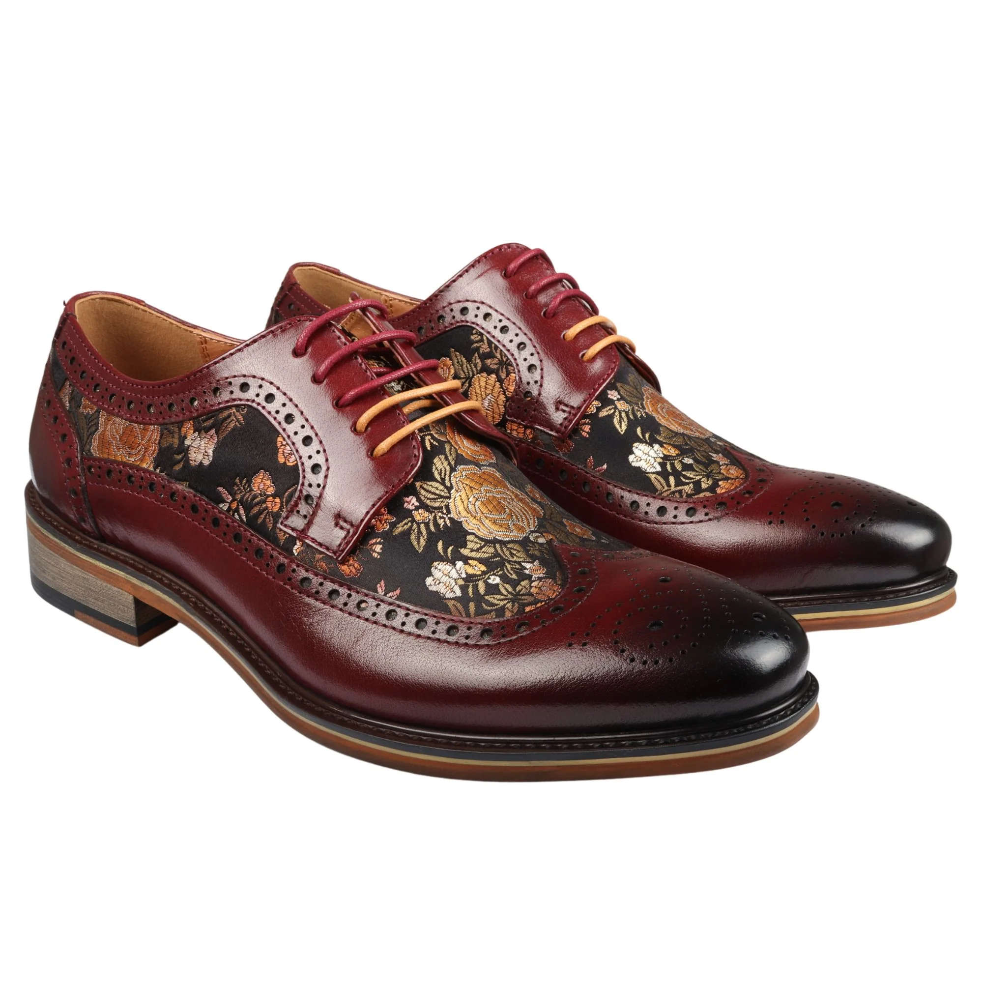 Ross – Men’s Floral Print Leather Red Brogue Shoes - Image 2
