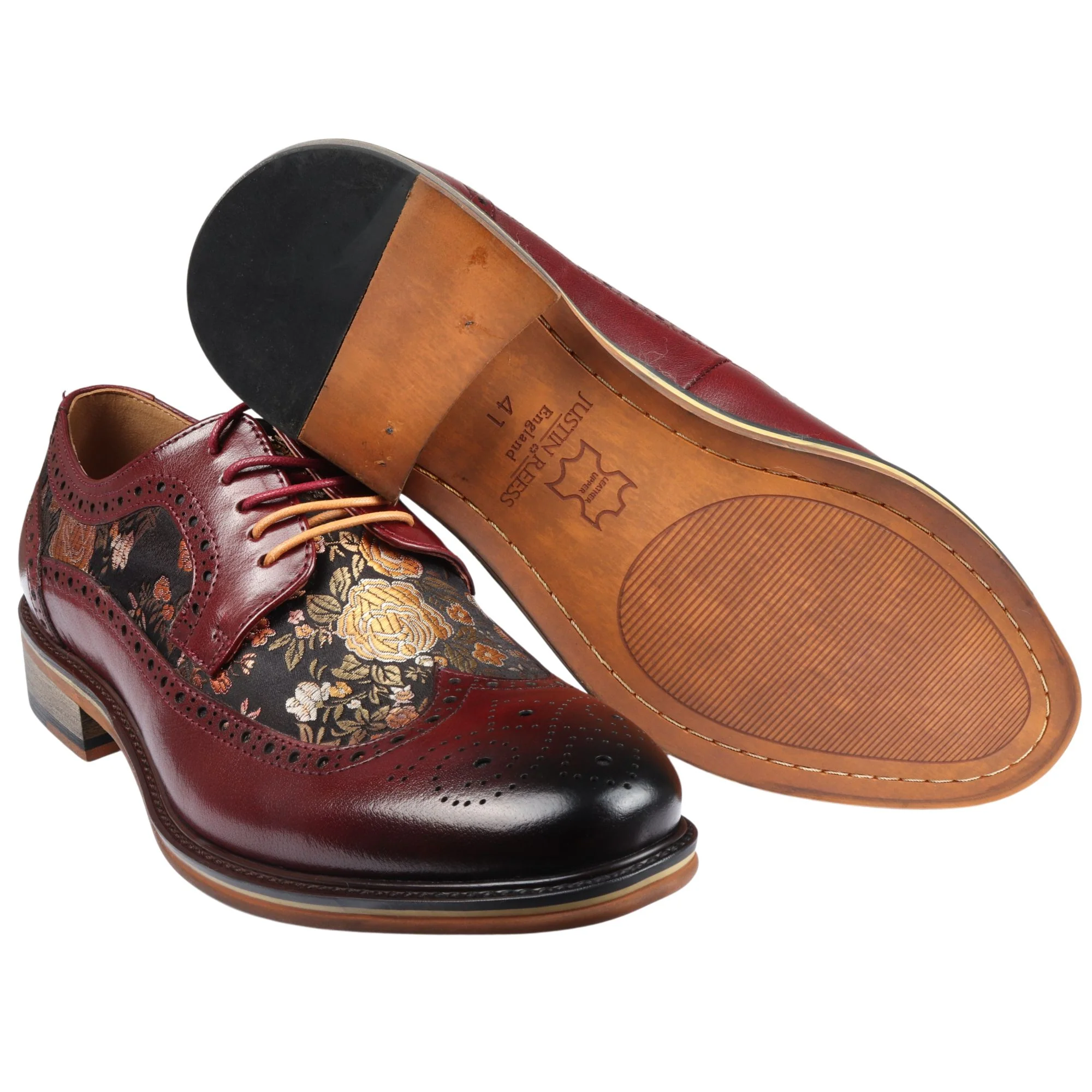 Ross – Men’s Floral Print Leather Red Brogue Shoes - Image 4