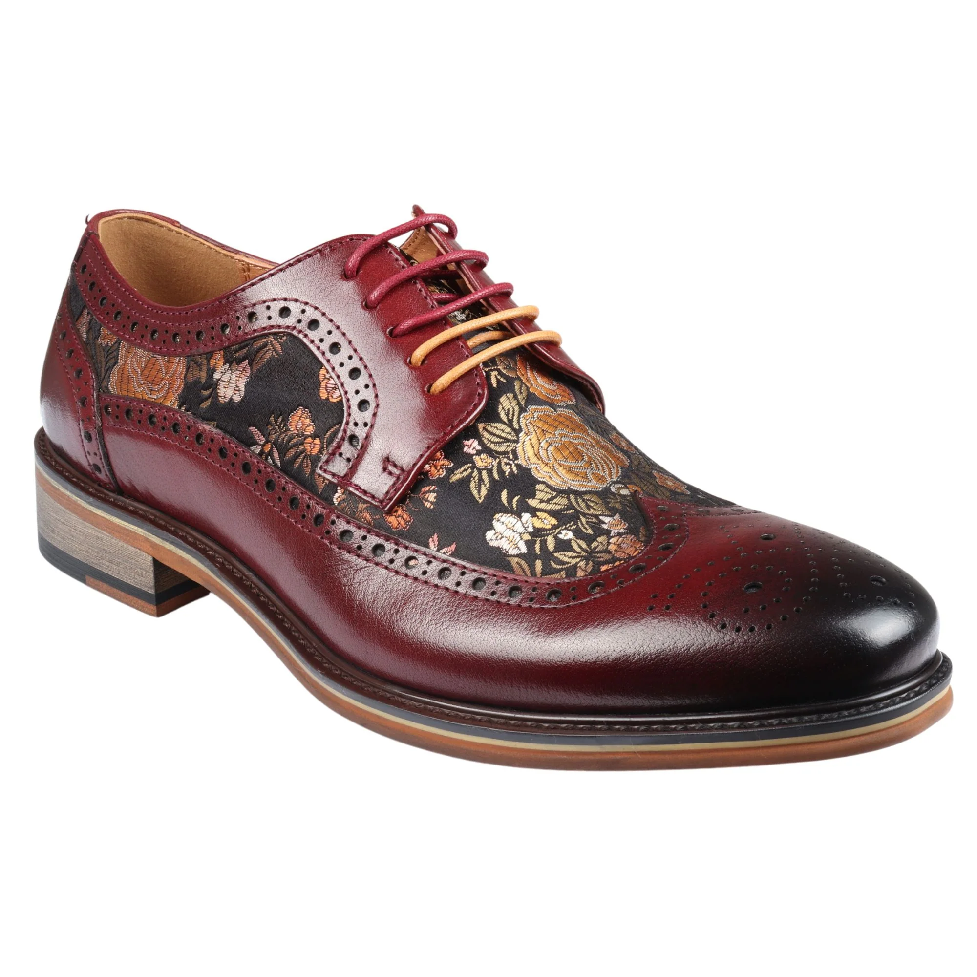 Ross – Men’s Floral Print Leather Red Brogue Shoes - Image 8
