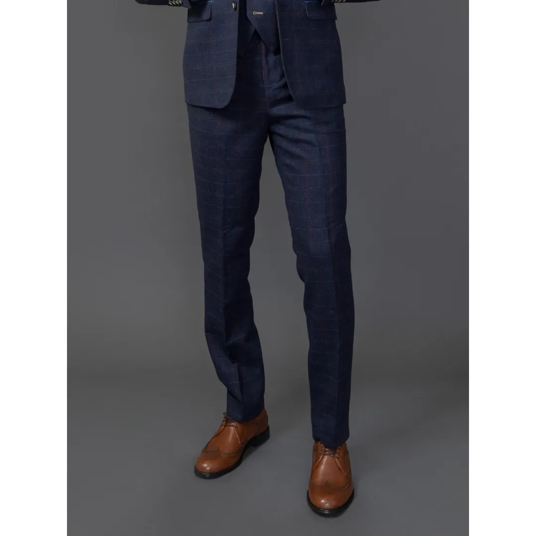 Ryan – Men’s Navy Tweed Check Trousers