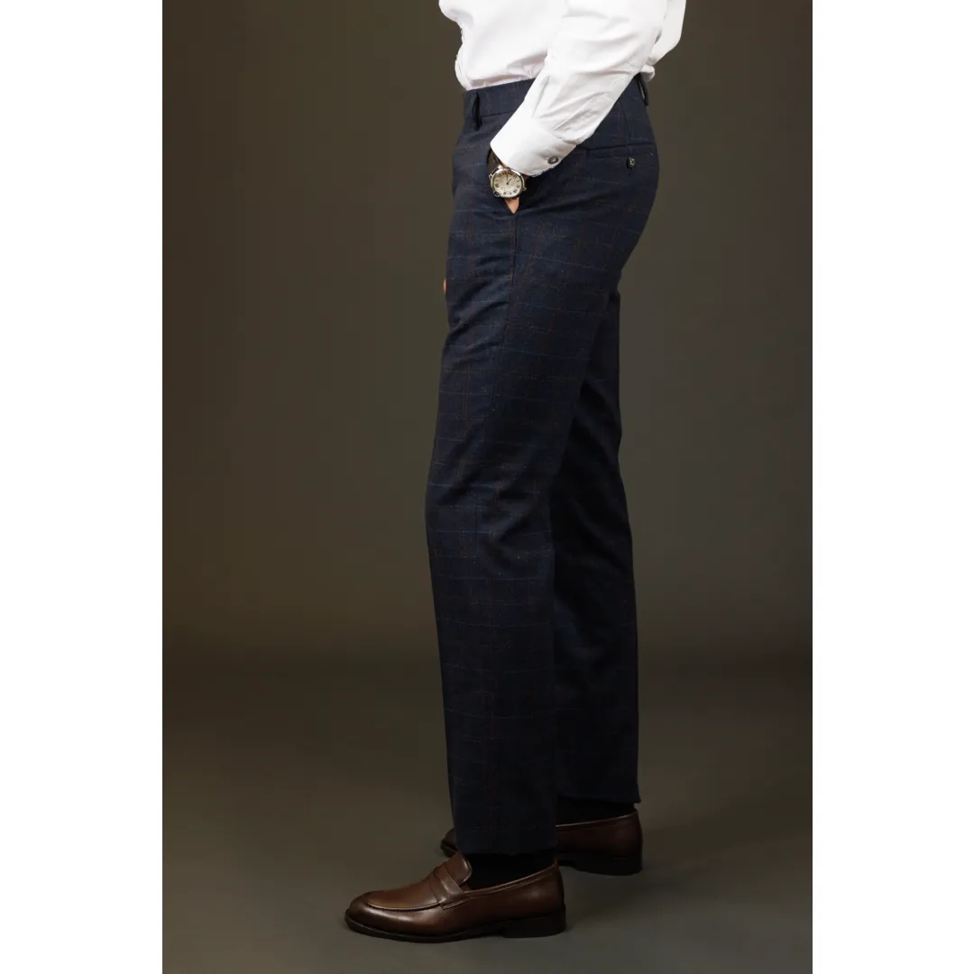 Ryan – Men’s Navy Tweed Check Trousers - Image 2
