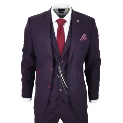Men’s 3 Piece Suit Wool Tweed Plum Wine Check 1920s Gatsby