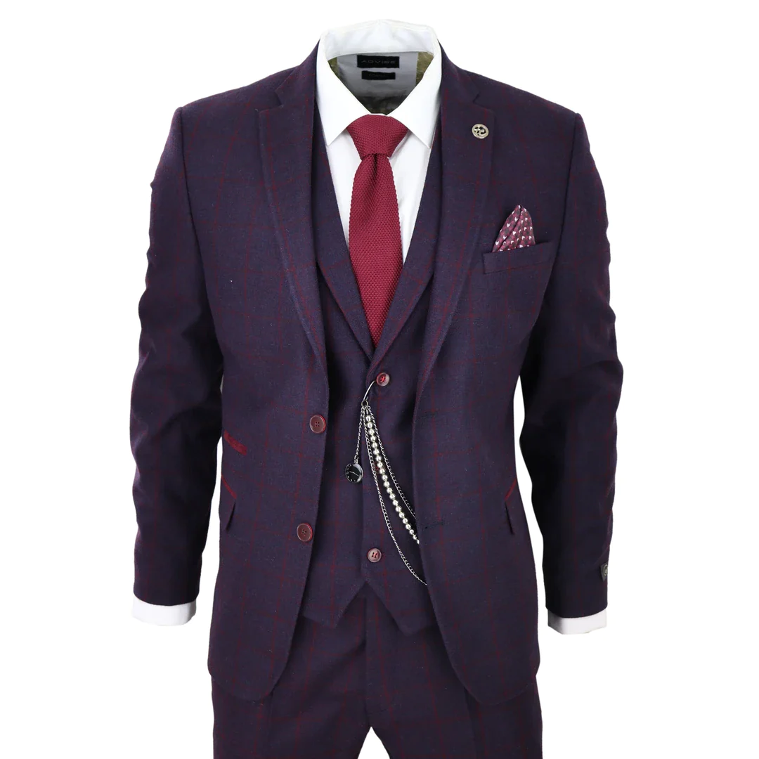 Men’s 3 Piece Suit Wool Tweed Plum Wine Check 1920s Gatsby