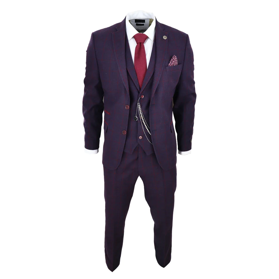 Men’s 3 Piece Suit Wool Tweed Plum Wine Check 1920s Gatsby - Image 2