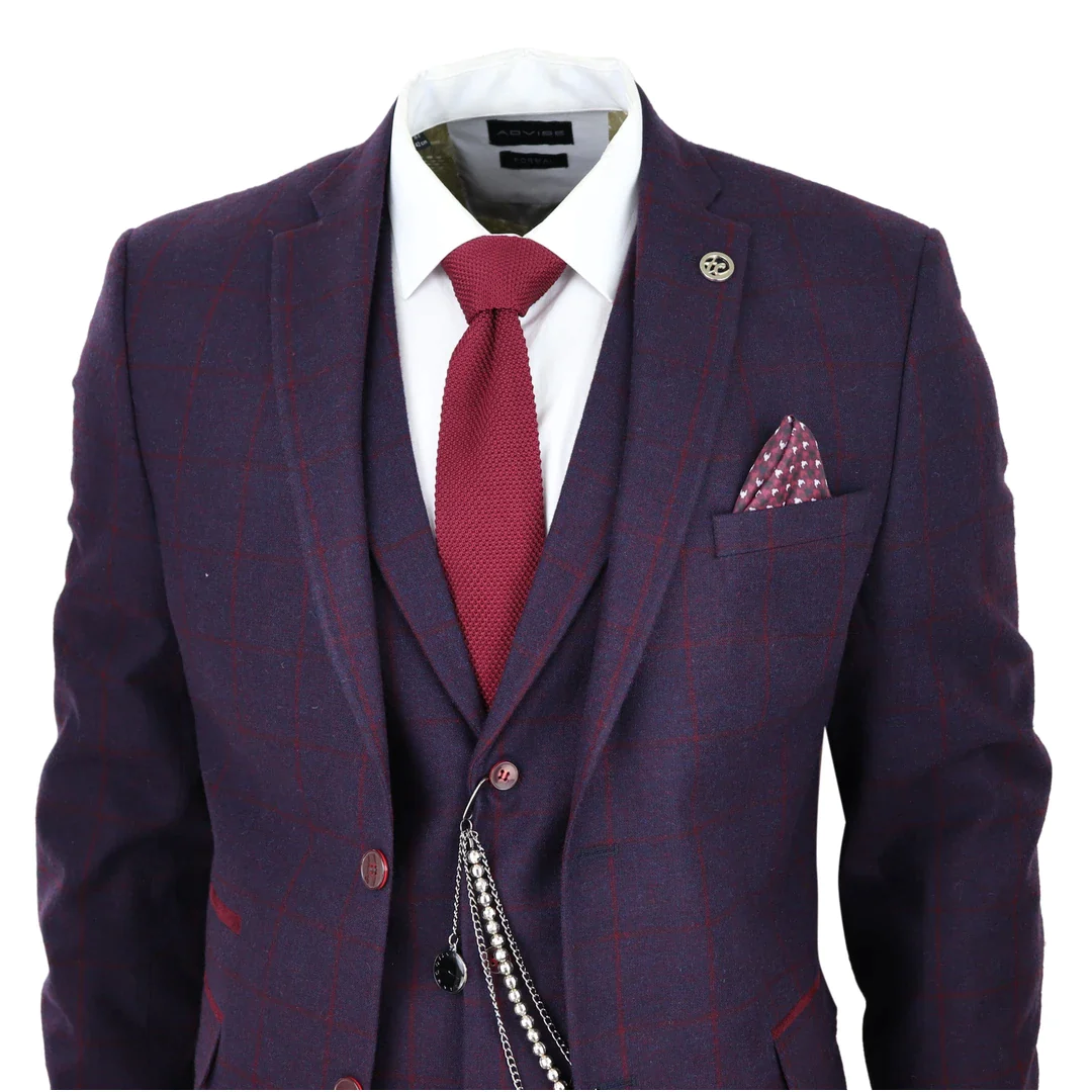 Men’s 3 Piece Suit Wool Tweed Plum Wine Check 1920s Gatsby - Image 3
