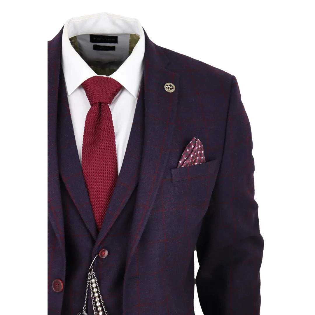 Men’s 3 Piece Suit Wool Tweed Plum Wine Check 1920s Gatsby - Image 4