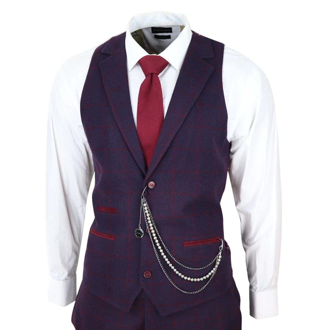 Men’s 3 Piece Suit Wool Tweed Plum Wine Check 1920s Gatsby - Image 5