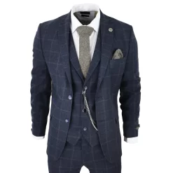 Men’s 3 Piece Suit Wool Tweed Navy Blue Brown Check 1920s Gatsby