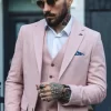 Mens Herringbone Tweed 3 Piece Suit Pink Blush Retro Vintage Short Reg Long