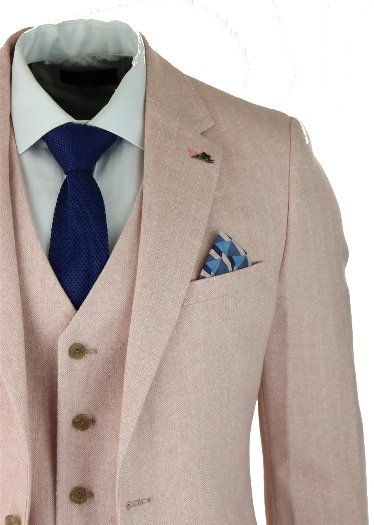 Mens Herringbone Tweed 3 Piece Suit Pink Blush Retro Vintage Short Reg Long - Image 3