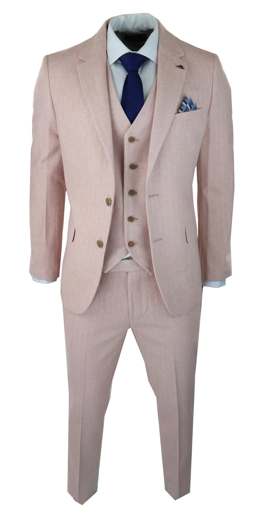 Mens Herringbone Tweed 3 Piece Suit Pink Blush Retro Vintage Short Reg Long - Image 6