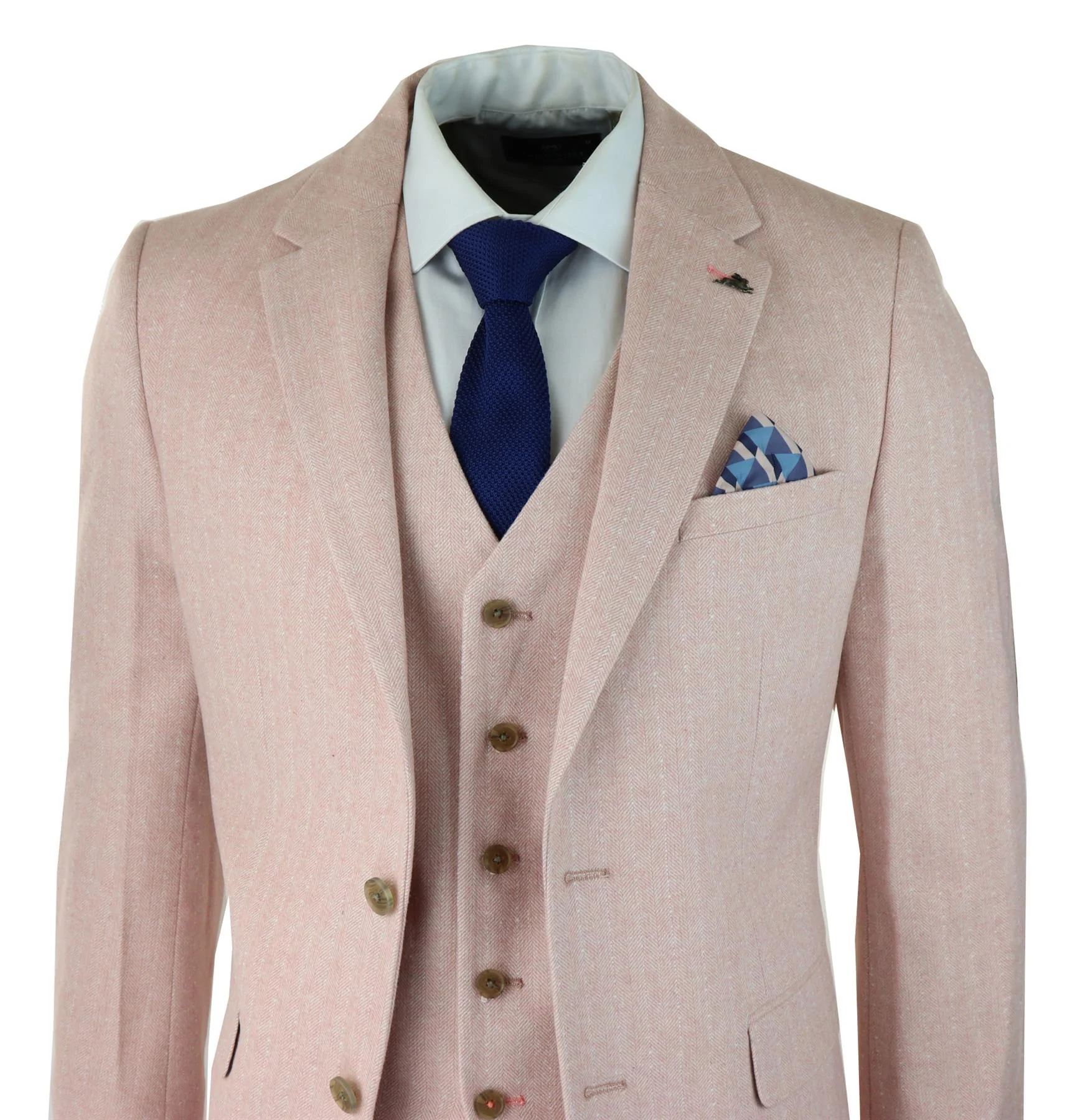 Mens Herringbone Tweed 3 Piece Suit Pink Blush Retro Vintage Short Reg Long - Image 8