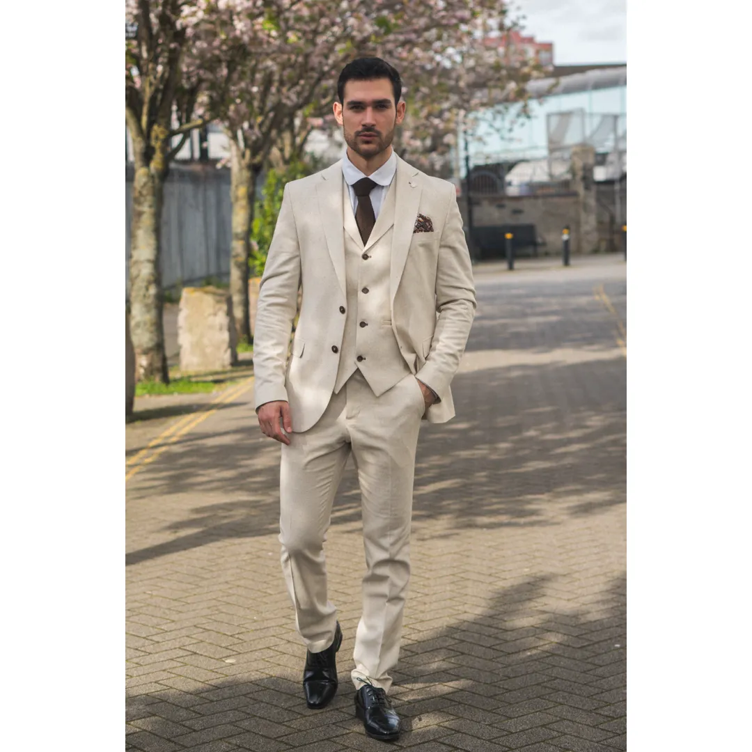 TP-21 Men’s Beige 3-Piece Linen Summer Wedding Suit - Image 3