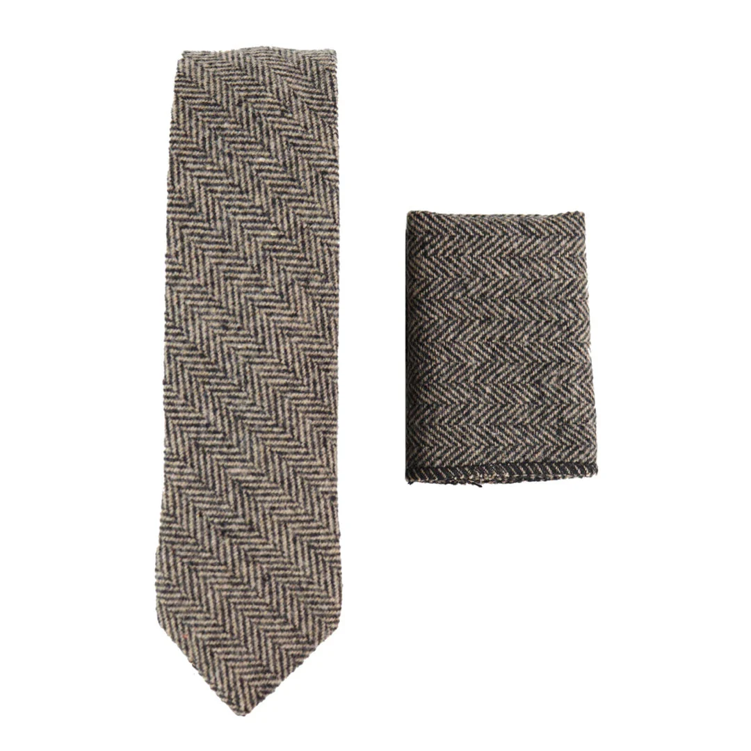 281 – Men’s Oak Herringbone Tweed Wool Tie & Handkerchief 2″ - Image 3