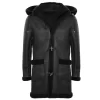 Men’s Shearling Sheepskin Duffle Coat WW2 UK Winter 3/4 Leather Hood