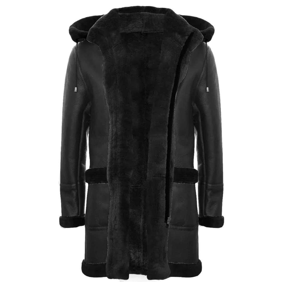 Men’s Shearling Sheepskin Duffle Coat WW2 UK Winter 3/4 Leather Hood - Image 4