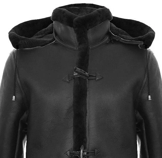Men’s Shearling Sheepskin Duffle Coat WW2 UK Winter 3/4 Leather Hood - Image 5