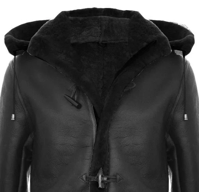 Men’s Shearling Sheepskin Duffle Coat WW2 UK Winter 3/4 Leather Hood - Image 6