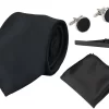 Satin Silk Black Tie Gift Set Pocket Square Cuff Links Tie Shiny Satin