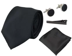 Satin Silk Black Tie Gift Set Pocket Square Cuff Links Tie Shiny Satin