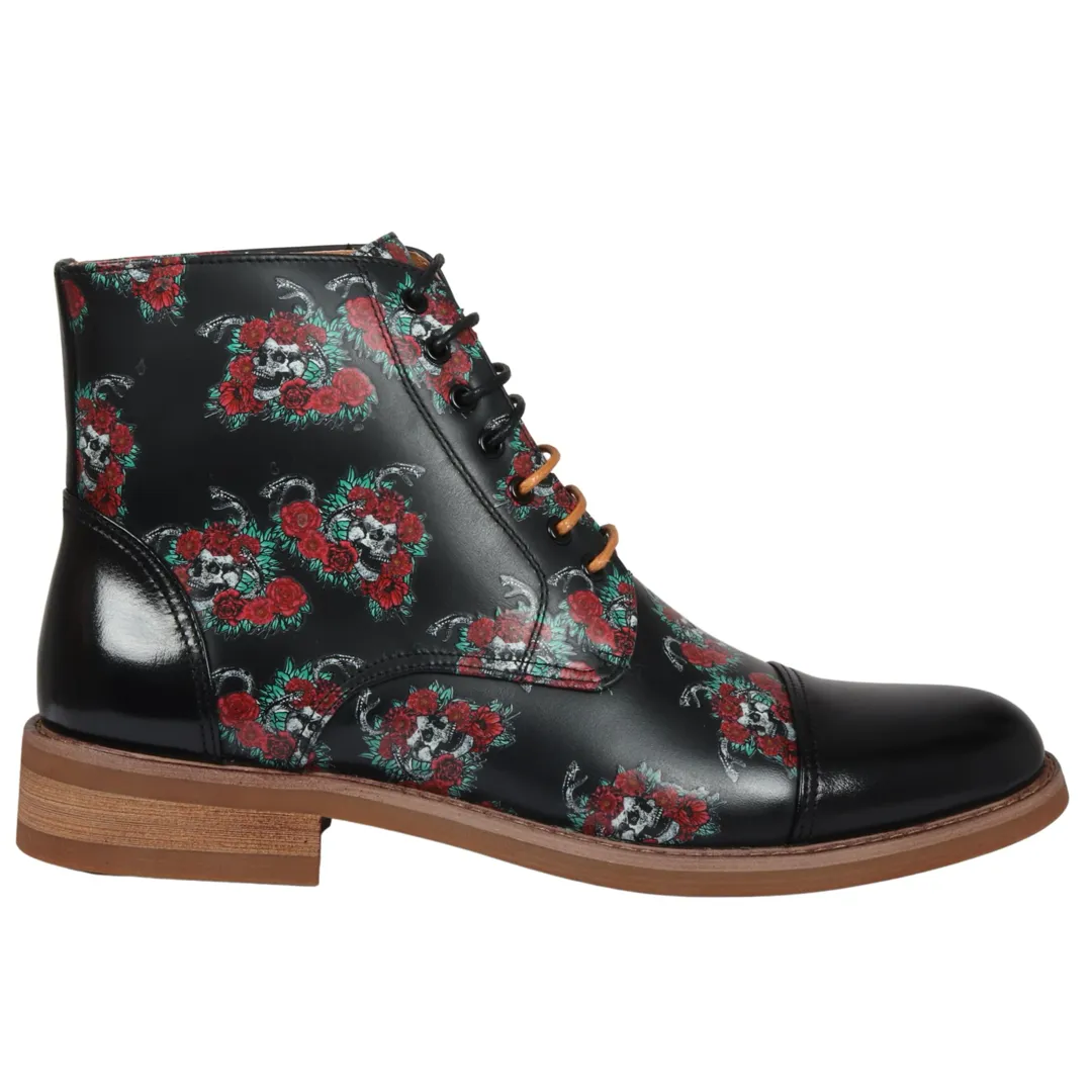 Adam – Men’s Black Floral Skull Print Leather Oxford Boots