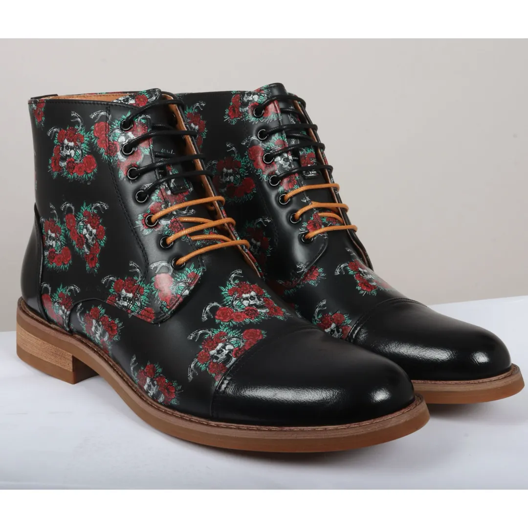 Adam – Men’s Black Floral Skull Print Leather Oxford Boots - Image 2