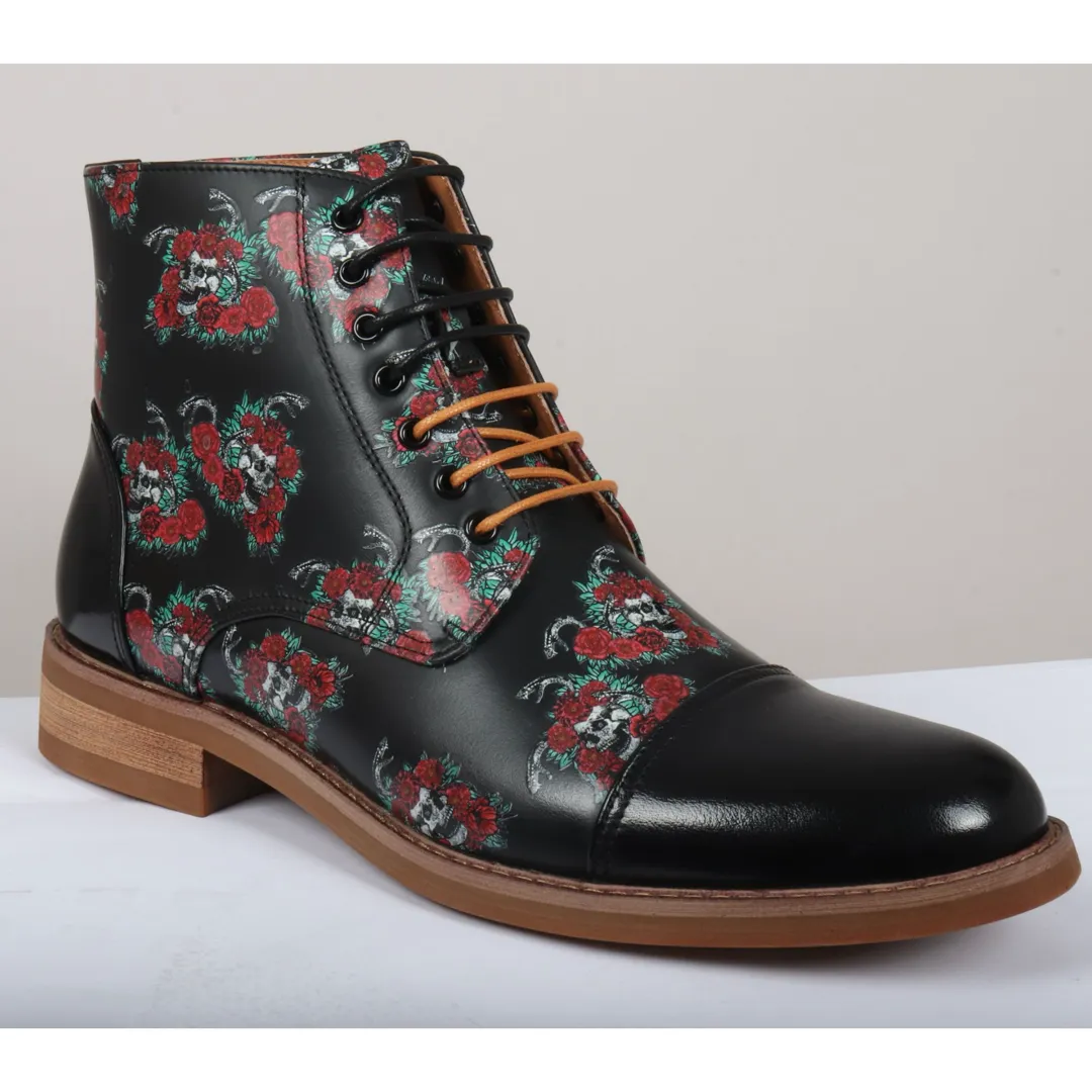Adam – Men’s Black Floral Skull Print Leather Oxford Boots - Image 3