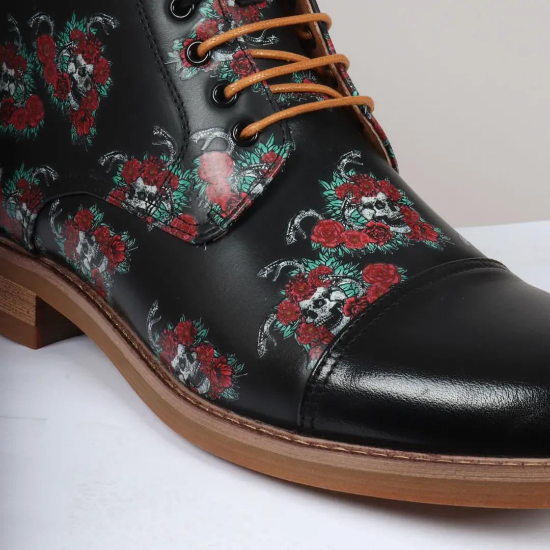 Adam – Men’s Black Floral Skull Print Leather Oxford Boots - Image 4