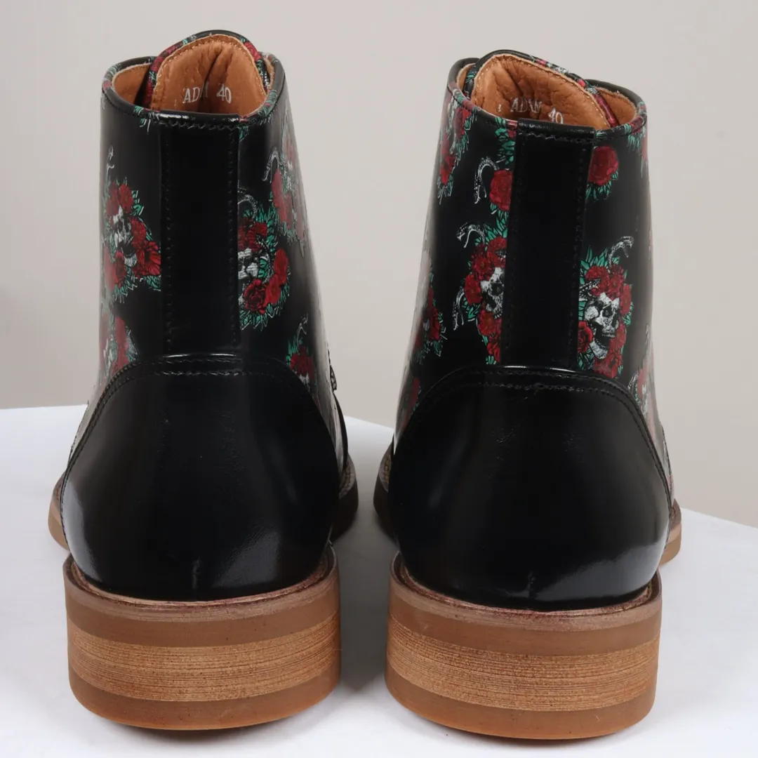 Adam – Men’s Black Floral Skull Print Leather Oxford Boots - Image 6