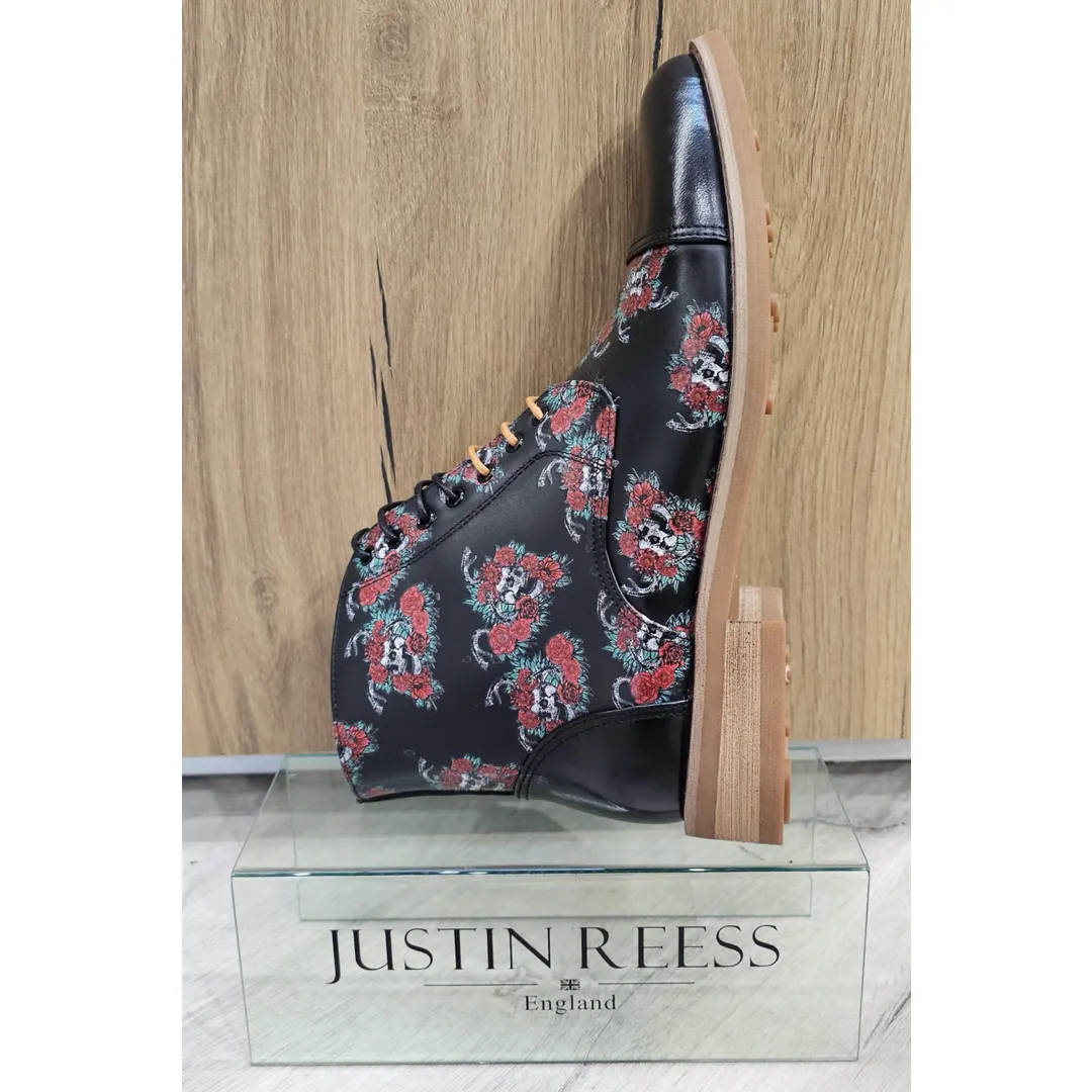 Adam – Men’s Black Floral Skull Print Leather Oxford Boots - Image 7