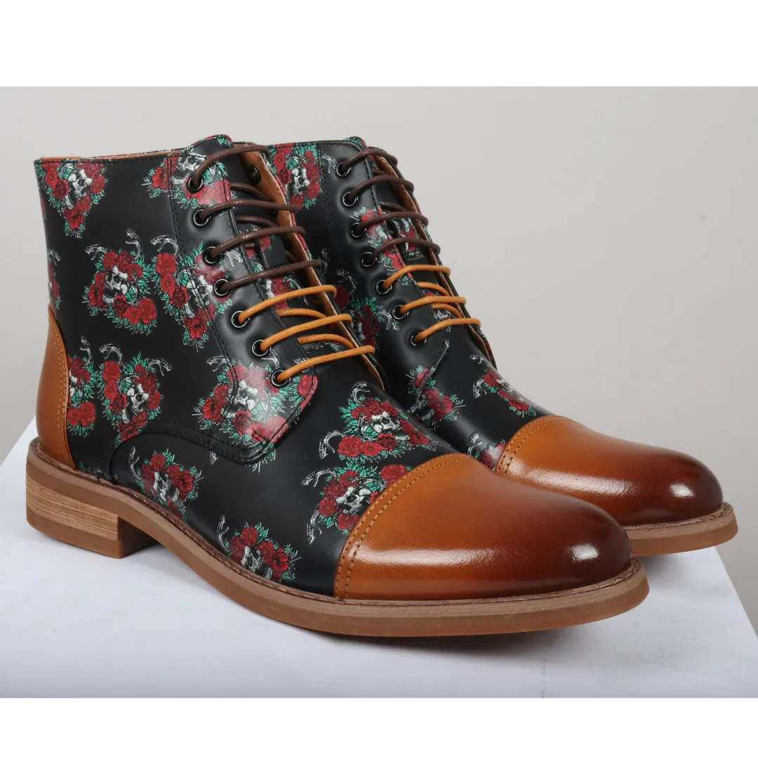 Adam – Men’s Brown Floral Skull Print Leather Oxford Boots - Image 2