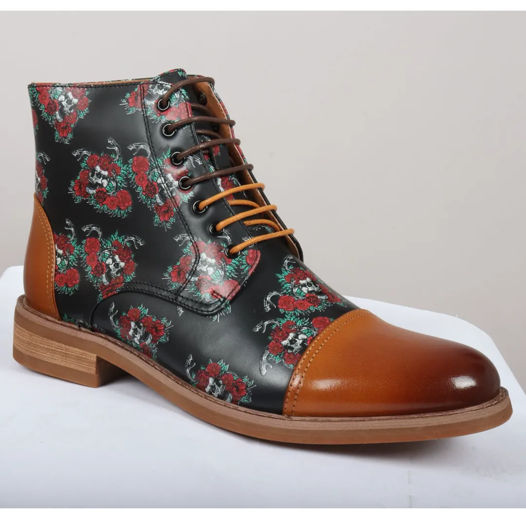 Adam – Men’s Brown Floral Skull Print Leather Oxford Boots - Image 3
