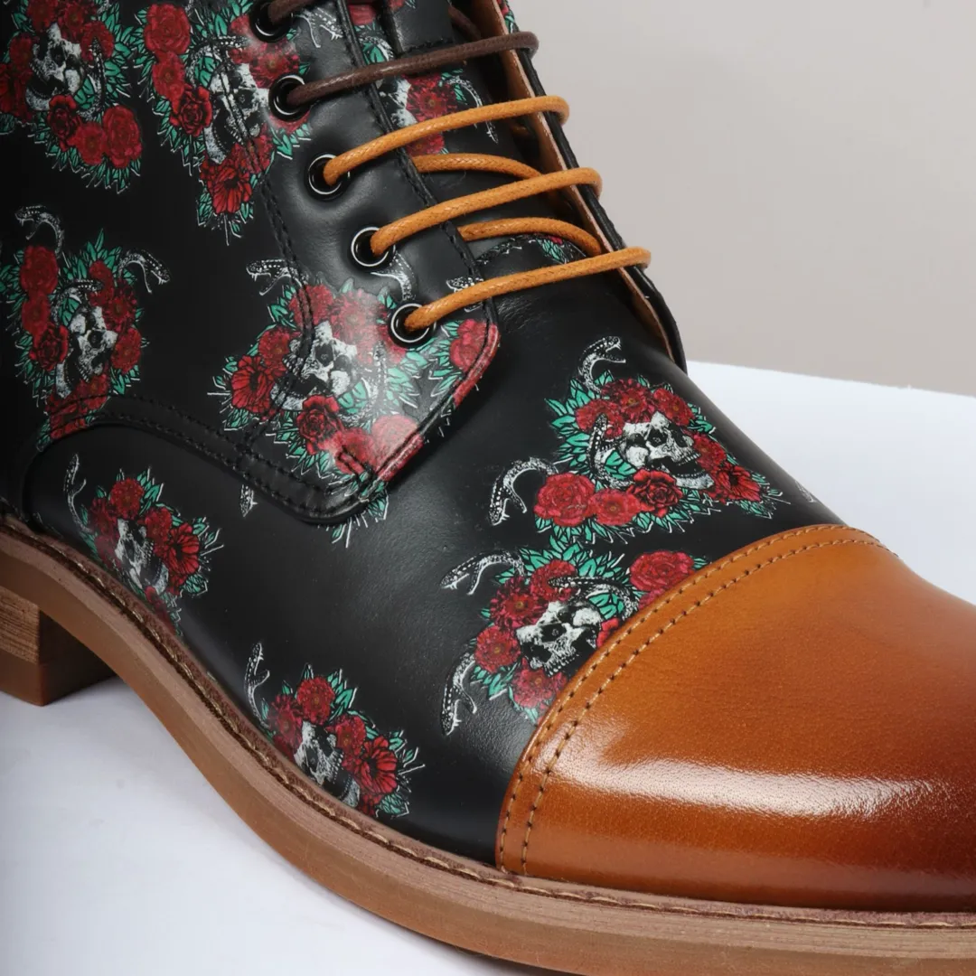 Adam – Men’s Brown Floral Skull Print Leather Oxford Boots - Image 4