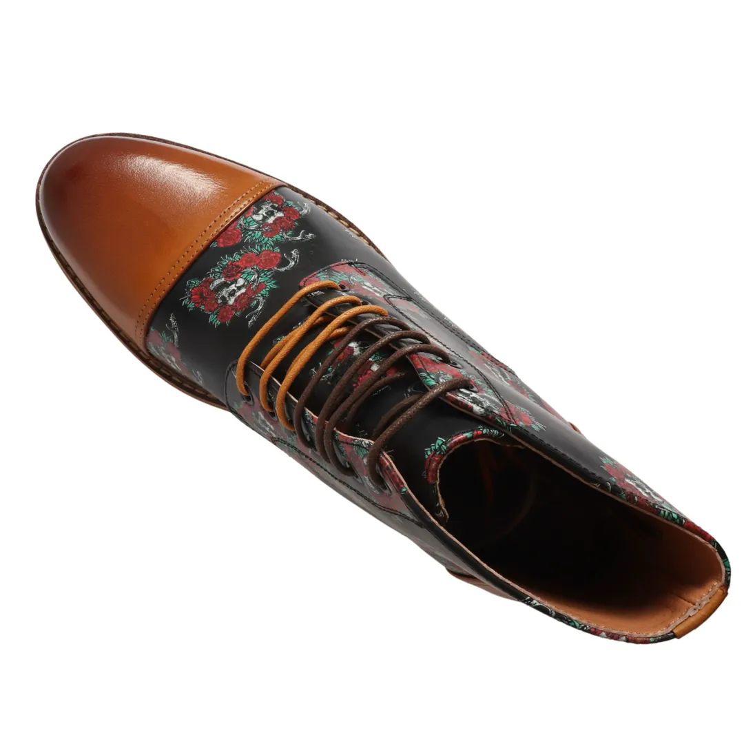 Adam – Men’s Brown Floral Skull Print Leather Oxford Boots - Image 5