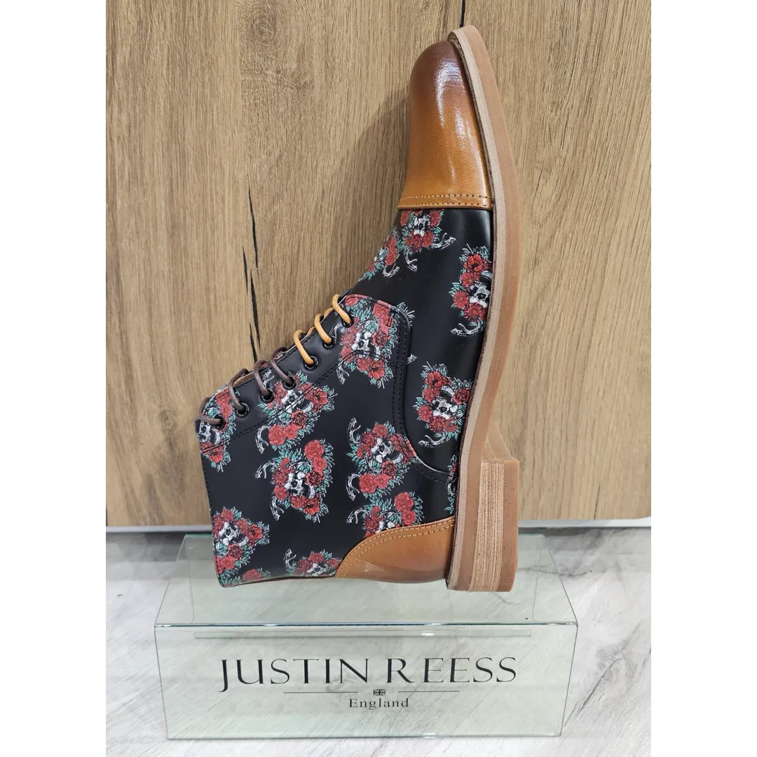 Adam – Men’s Brown Floral Skull Print Leather Oxford Boots - Image 7