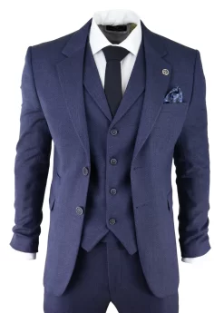 Men’s Navy-Blue Herringbone Tweed 3 Piece Suit