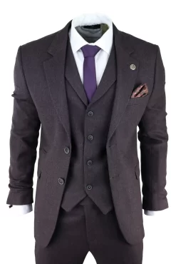 Men’s Plum Herringbone Tweed 3 Piece Suit