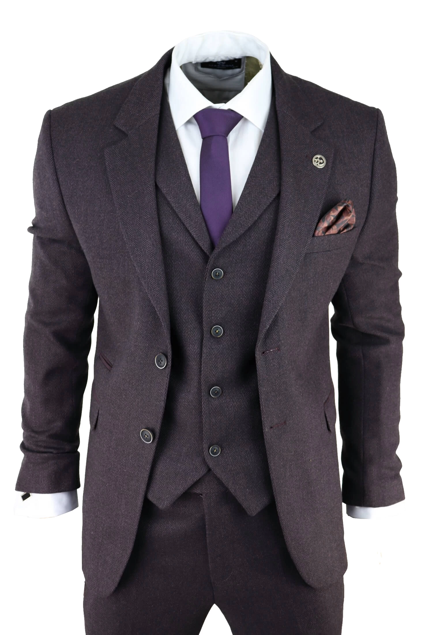 Men’s Plum Herringbone Tweed 3 Piece Suit