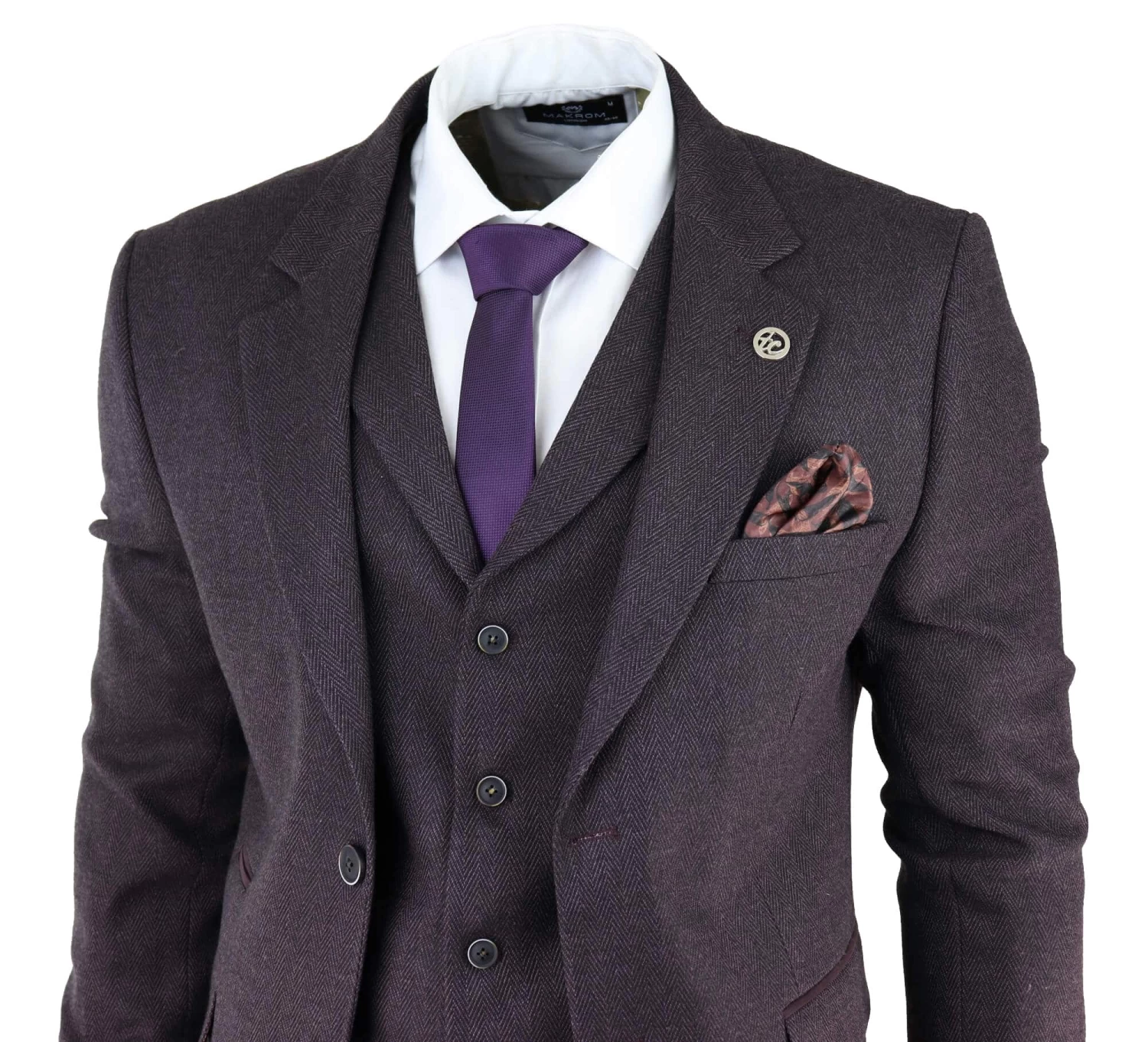 Men’s Plum Herringbone Tweed 3 Piece Suit - Image 6