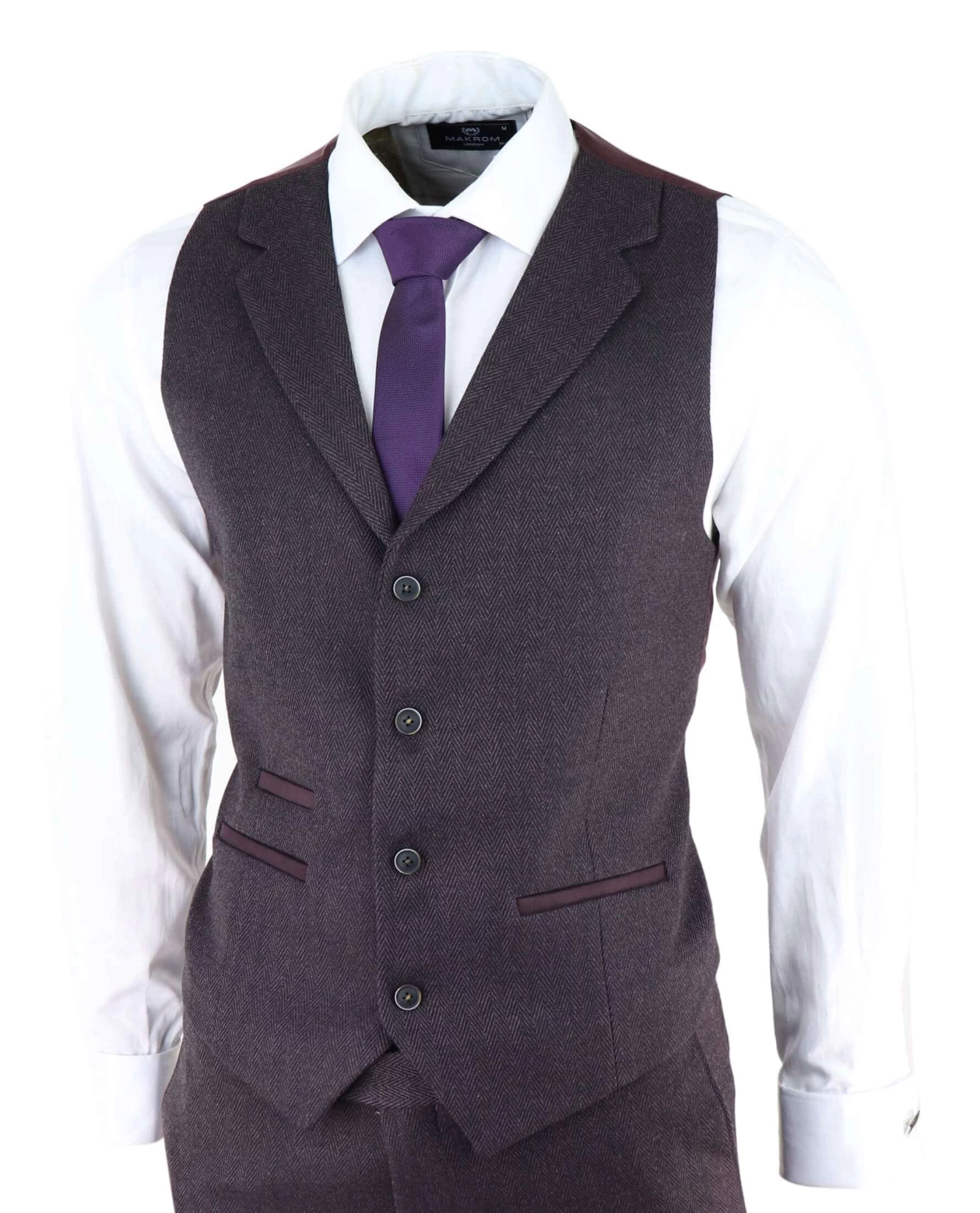 Men’s Plum Herringbone Tweed 3 Piece Suit - Image 2