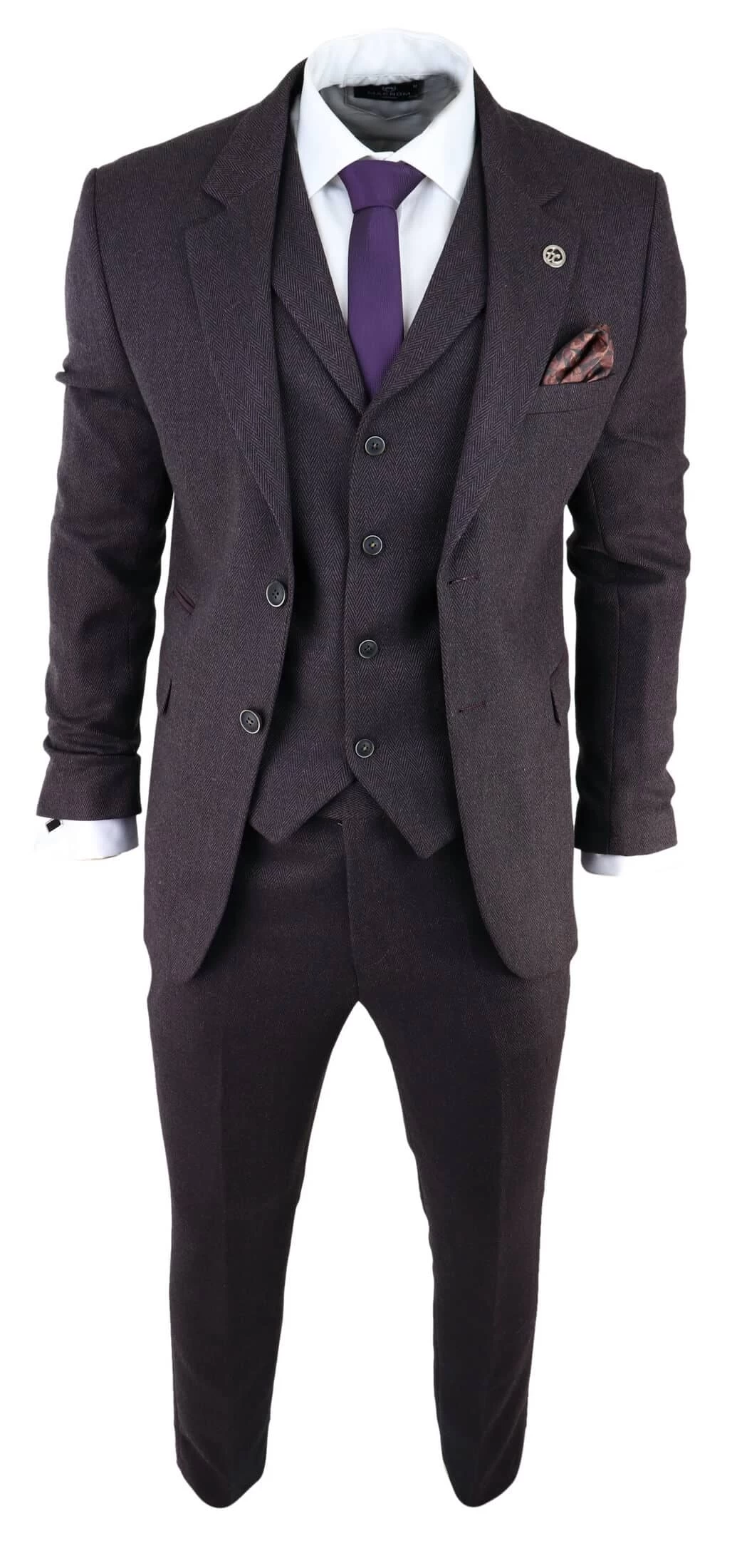 Men’s Plum Herringbone Tweed 3 Piece Suit - Image 3