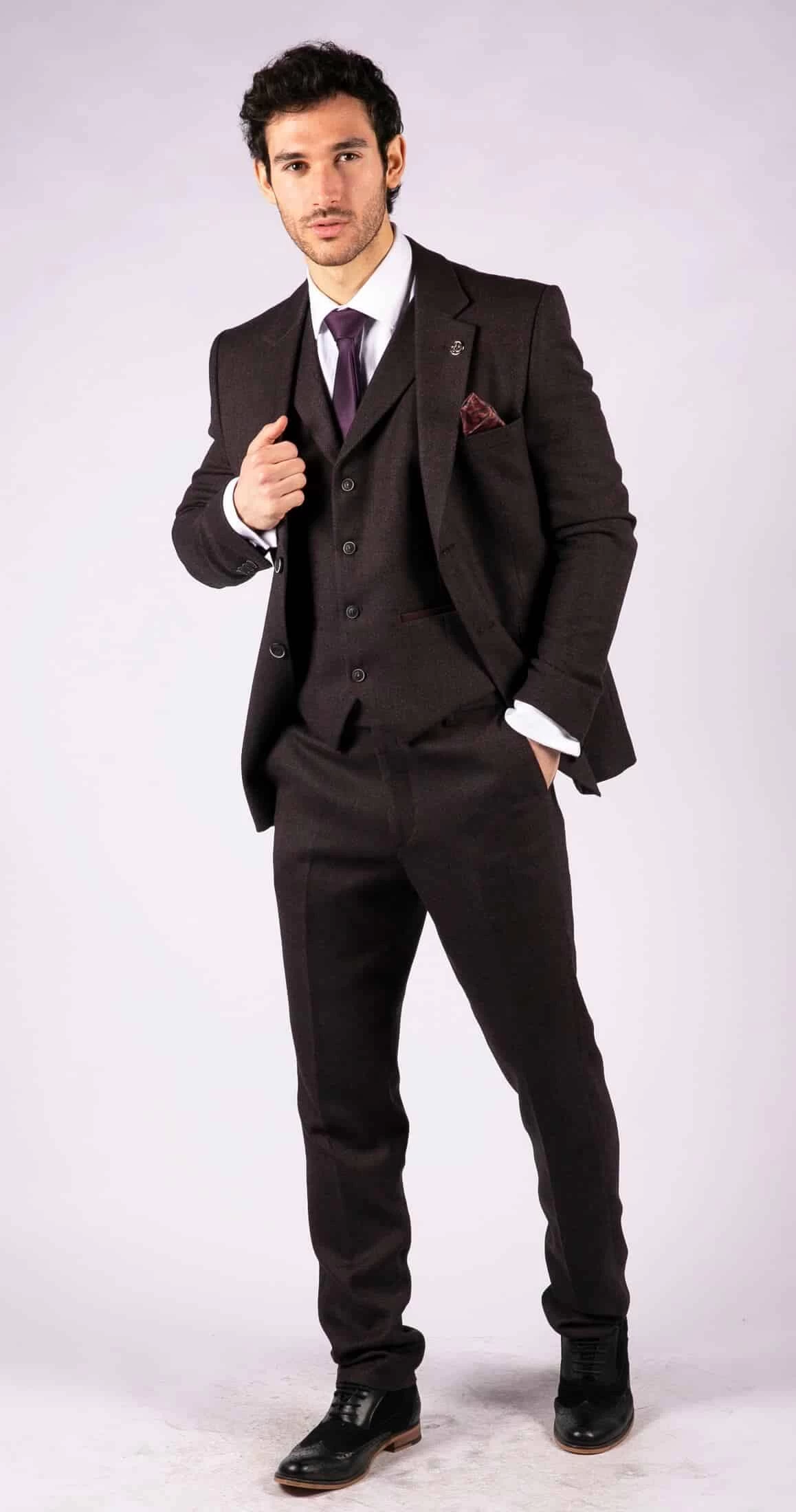 Men’s Plum Herringbone Tweed 3 Piece Suit - Image 5