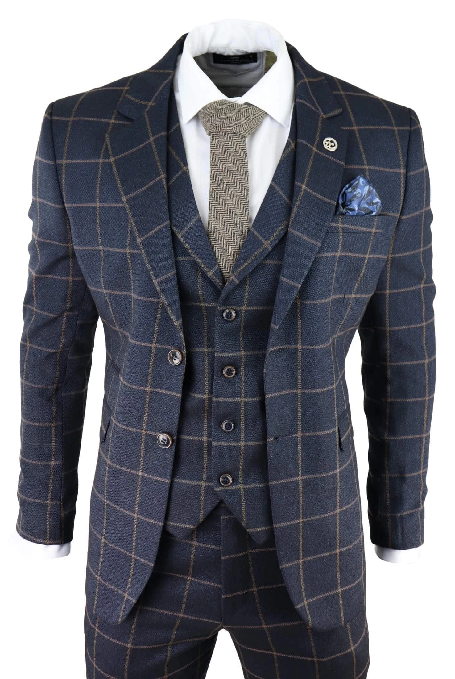 Men’s Navy-Blue Windowpane Check 3 Piece Suit