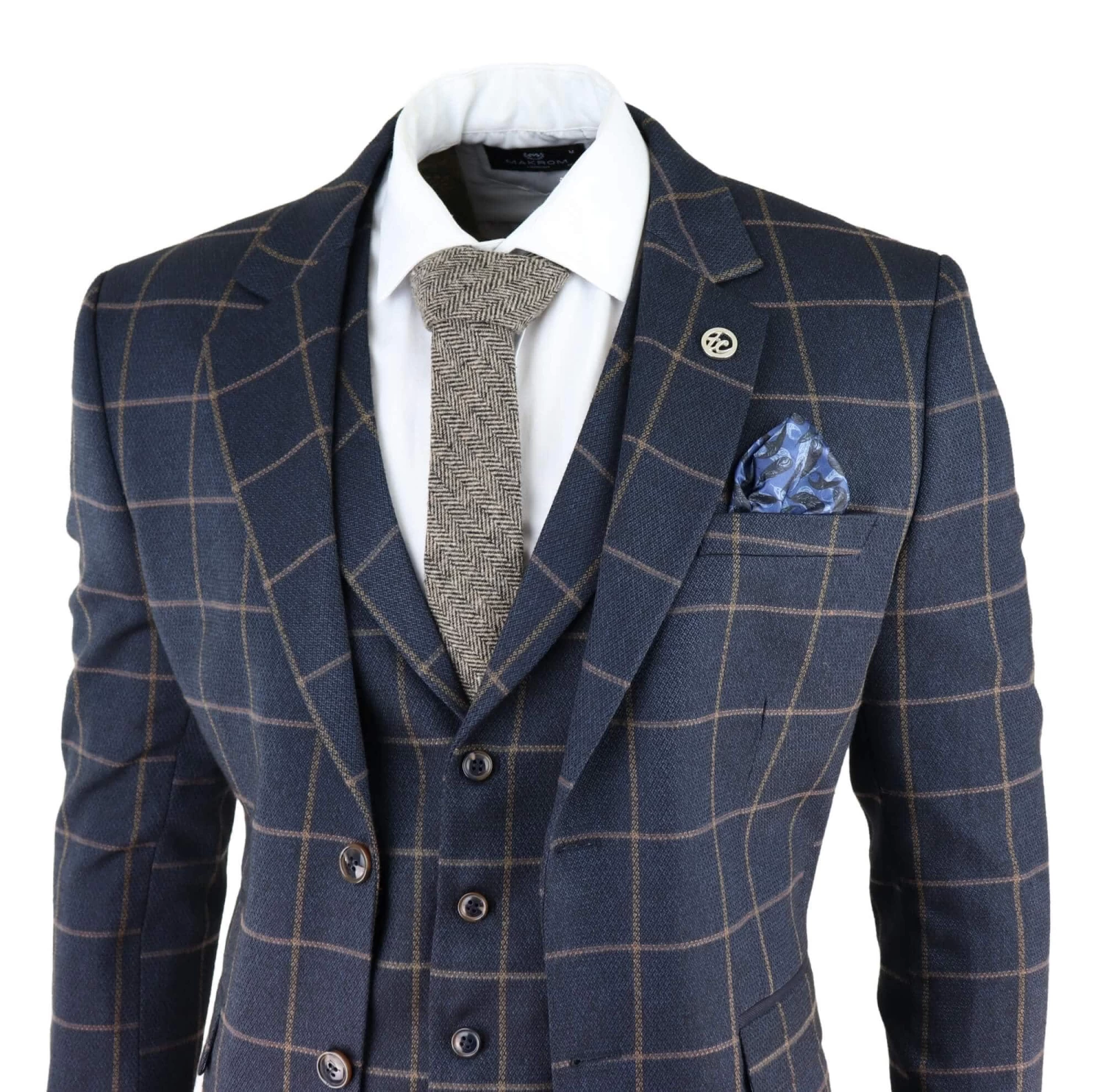 Men’s Navy-Blue Windowpane Check 3 Piece Suit - Image 2