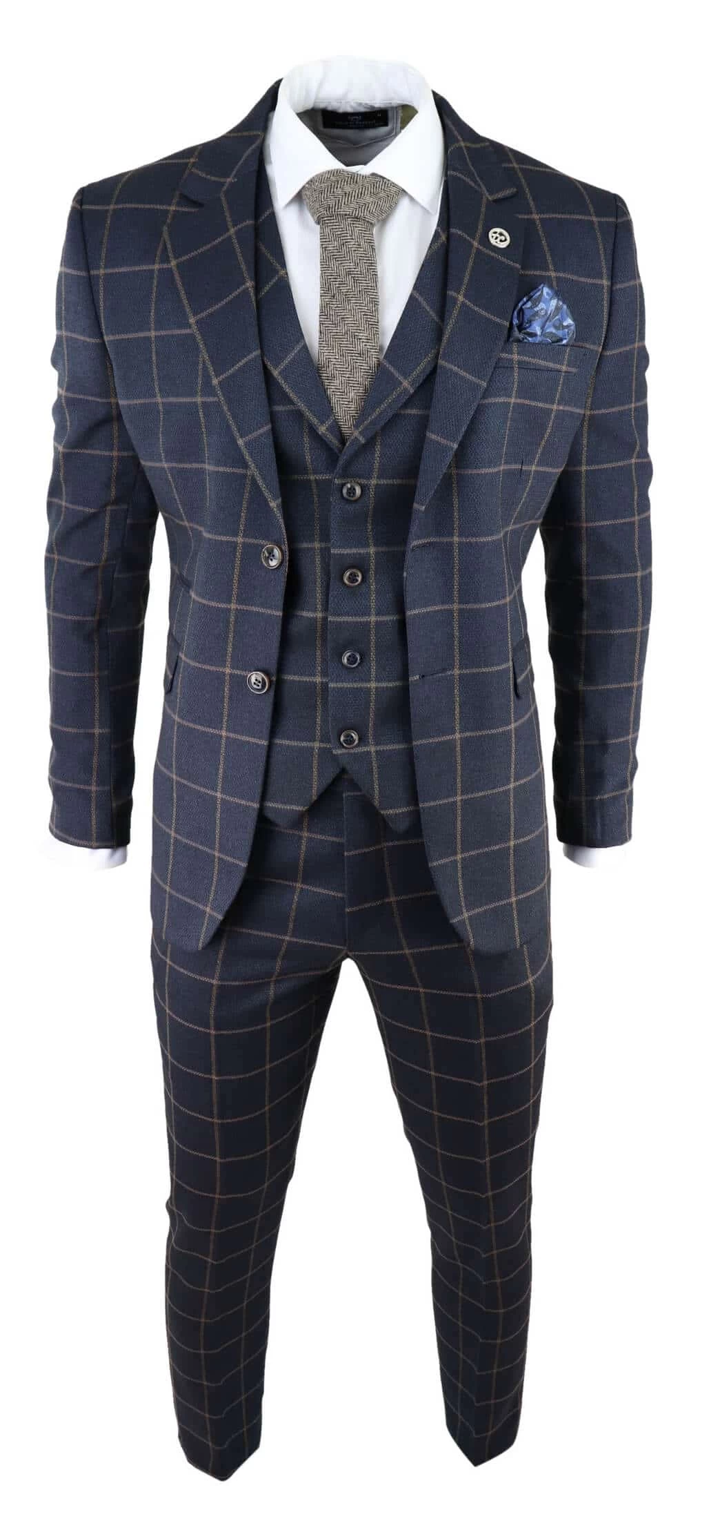 Men’s Navy-Blue Windowpane Check 3 Piece Suit - Image 4