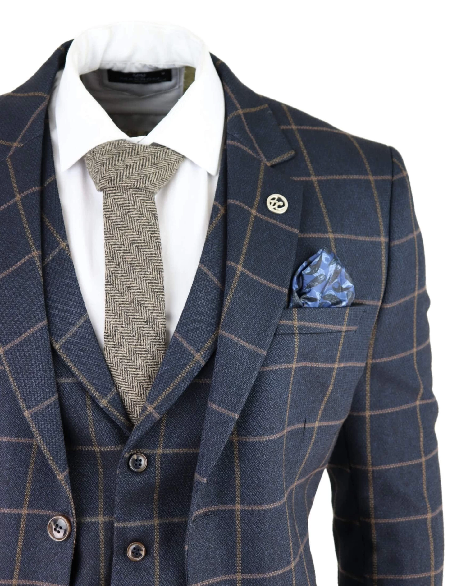 Men’s Navy-Blue Windowpane Check 3 Piece Suit - Image 5
