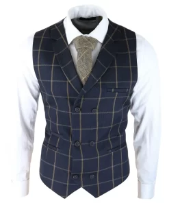 Mens Classic Waistcoat Prince Of Wales Check Navy Slim Fit Vintage Wedding