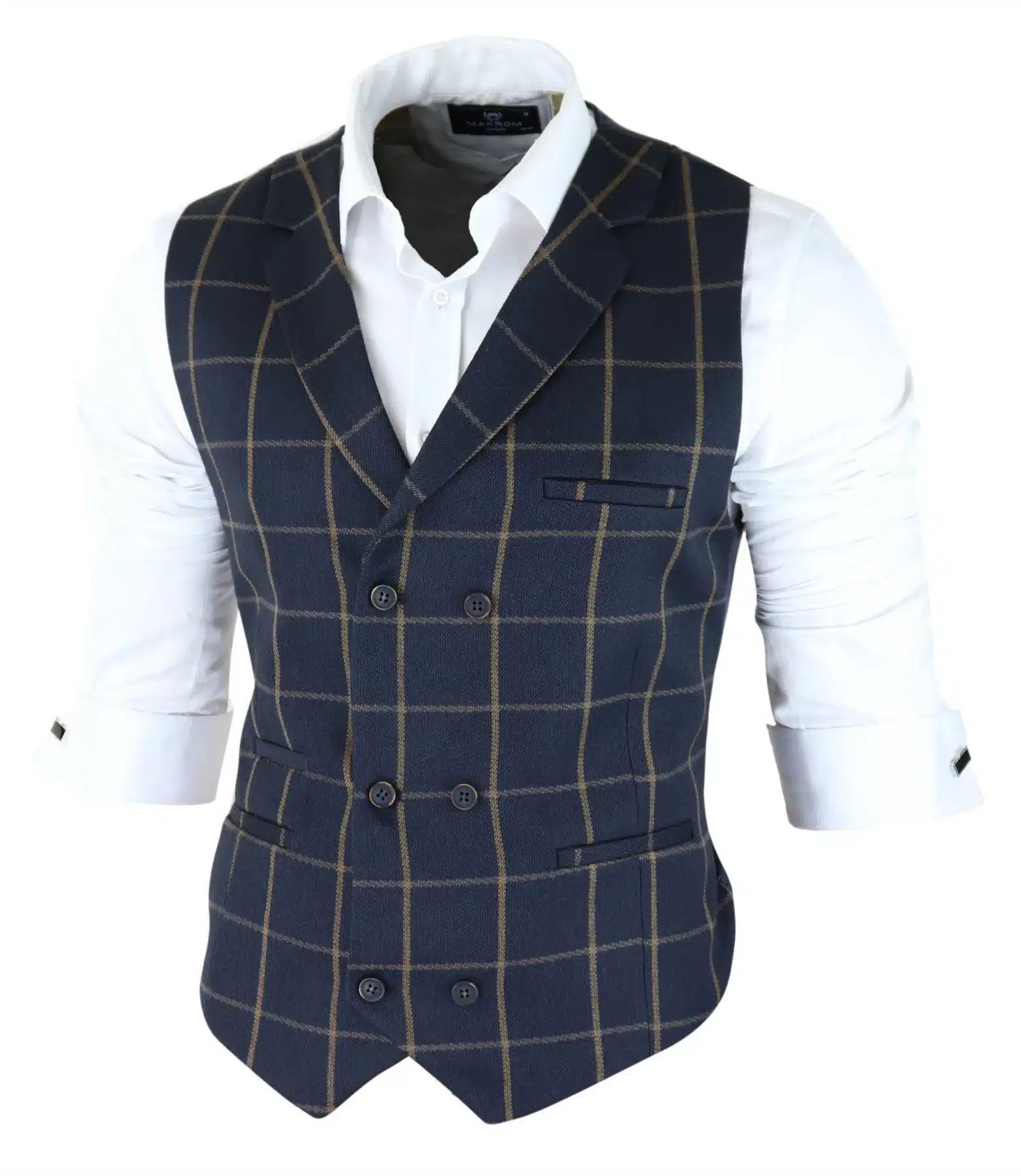 Mens Classic Waistcoat Prince Of Wales Check Navy Slim Fit Vintage Wedding - Image 4