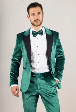 AK-25 Menβs Emerald Green 3-Piece Velvet Wedding Tuxedo With Black Lapels
