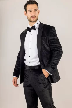 AK-26 Menβs Black 3-Piece Velvet Wedding Tuxedo With Satin Lapels